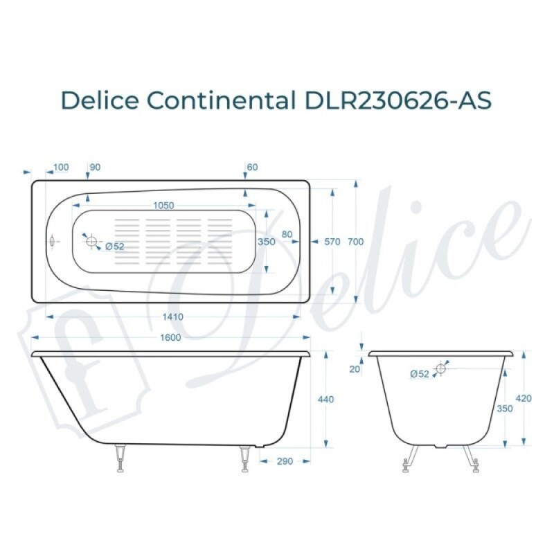 Ванна чугунная Delice Continental DLR230626-AS, 160 х 70 см, антискользящее покрытие, без ручек, цвет белый