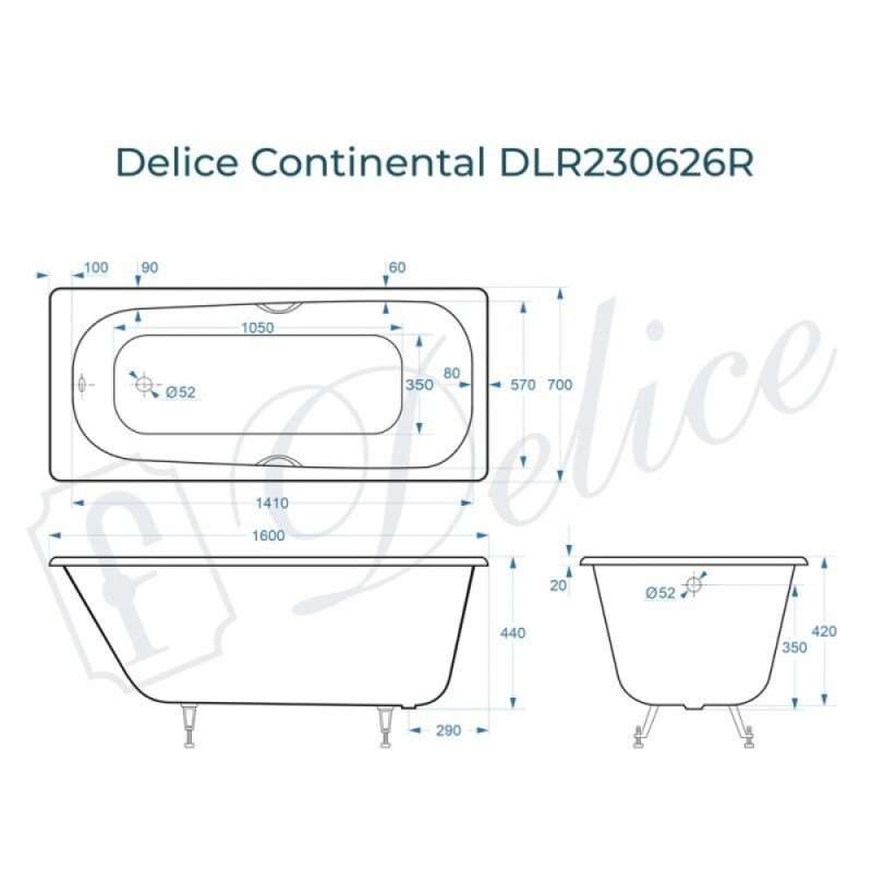 Ванна чугунная Delice Continental DLR230626R, 160 х 70 см, без покрытия, с отверстиями под ручки, без ручек, цвет белый