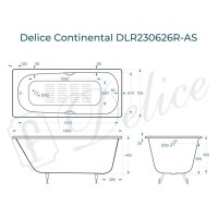 Ванна чугунная Delice Continental DLR230626R-AS, 160 х 70 см, антискользящее покрытие, с отверстиями под ручки, без ручек, цвет белый