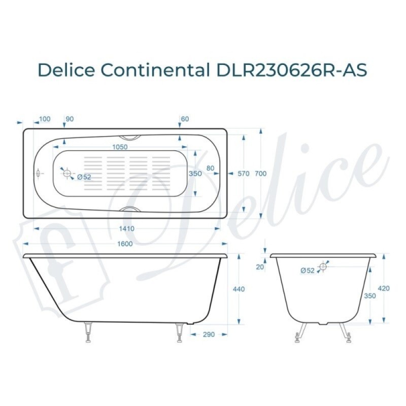 Ванна чугунная Delice Continental DLR230626R-AS, 160 х 70 см, антискользящее покрытие, с отверстиями под ручки, без ручек, цвет белый