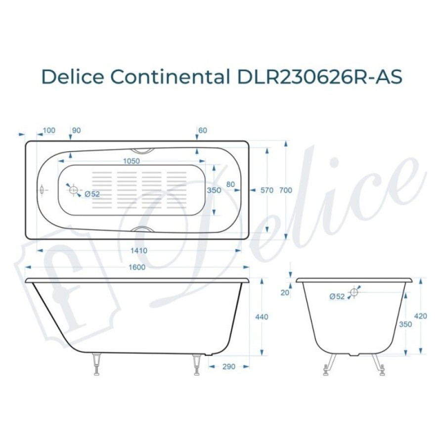 Ванна чугунная Delice Continental DLR230626R-AS, 160 х 70 см, антискользящее покрытие, с отверстиями под ручки, без ручек, цвет белый