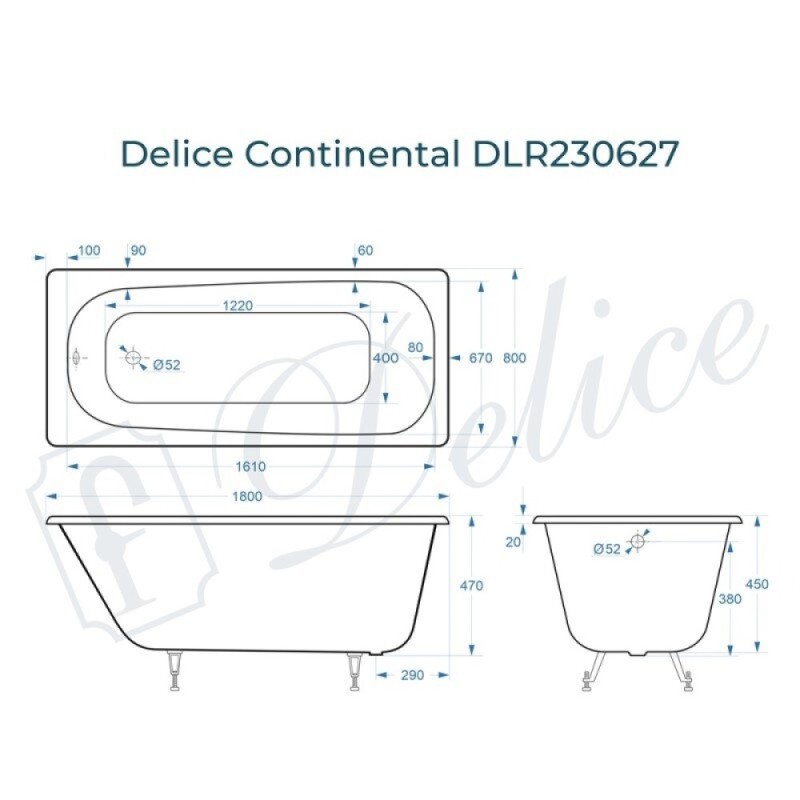 Ванна чугунная Delice Continental DLR230627, 180 х 80 см, без покрытия, без ручек, цвет белый