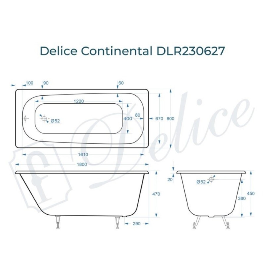 Ванна чугунная Delice Continental DLR230627, 180 х 80 см, без покрытия, без ручек, цвет белый