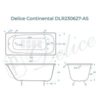 Ванна чугунная Delice Continental DLR230627-AS, 180 х 80 см, антискользящее покрытие, без ручек, цвет белый