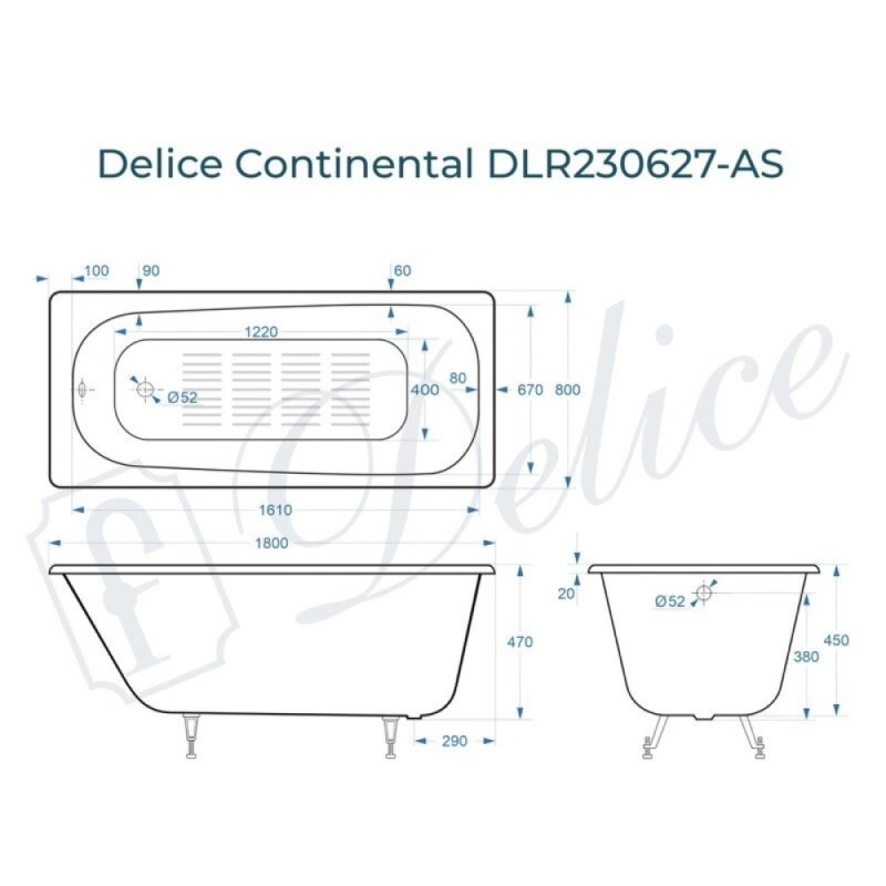 Ванна чугунная Delice Continental DLR230627-AS, 180 х 80 см, антискользящее покрытие, без ручек, цвет белый