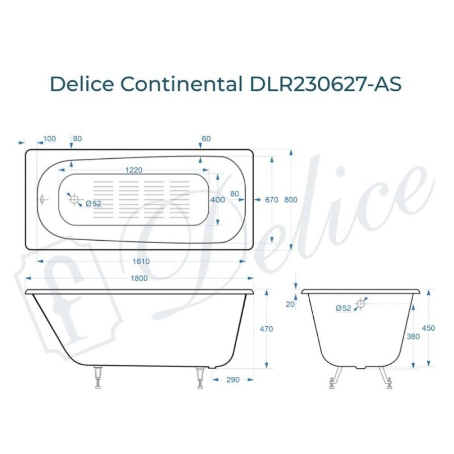 Ванна чугунная Delice Continental DLR230627-AS, 180 х 80 см, антискользящее покрытие, без ручек, цвет белый