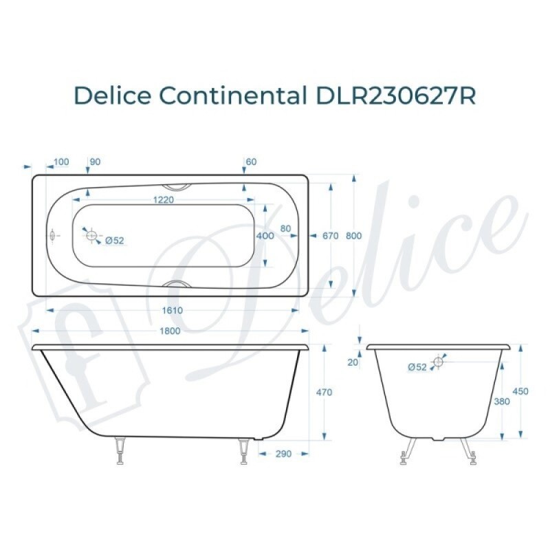 Ванна чугунная Delice Continental DLR230627R, 180 х 80 см, без покрытия, с отверстиями под ручки, без ручек, цвет белый