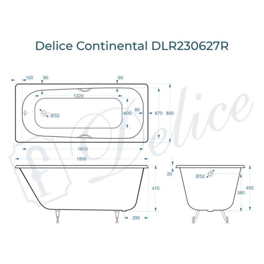 Ванна чугунная Delice Continental DLR230627R, 180 х 80 см, без покрытия, с отверстиями под ручки, без ручек, цвет белый