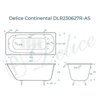 Ванна чугунная Delice Continental DLR230627R-AS, 180 х 80 см, антискользящее покрытие, с отверстиями под ручки, без ручек, цвет белый