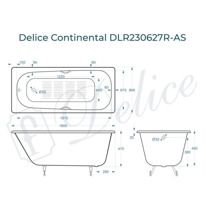 Ванна чугунная Delice Continental DLR230627R-AS, 180 х 80 см, антискользящее покрытие, с отверстиями под ручки, без ручек, цвет белый