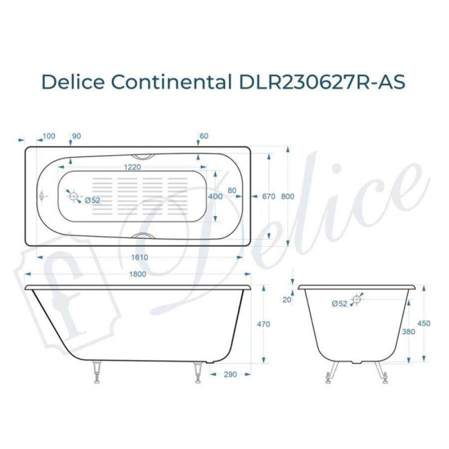 Ванна чугунная Delice Continental DLR230627R-AS, 180 х 80 см, антискользящее покрытие, с отверстиями под ручки, без ручек, цвет белый