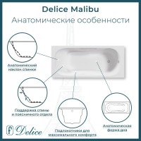 Ванна чугунная Delice Elite Malibu DLR230628-AS, 140 х 75 см, антискользящее покрытие, без ручек, цвет белый