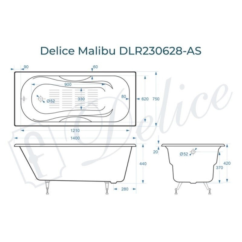 Ванна чугунная Delice Elite Malibu DLR230628-AS, 140 х 75 см, антискользящее покрытие, без ручек, цвет белый