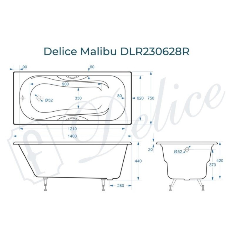 Ванна чугунная Delice Elite Malibu DLR230628R, 140 х 75 см, без покрытия, с отверстиями под ручки, без ручек, цвет белый