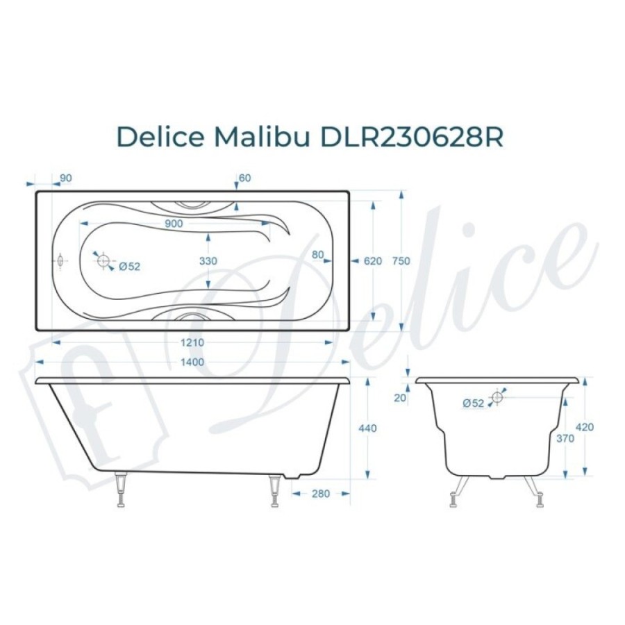 Ванна чугунная Delice Elite Malibu DLR230628R, 140 х 75 см, без покрытия, с отверстиями под ручки, без ручек, цвет белый