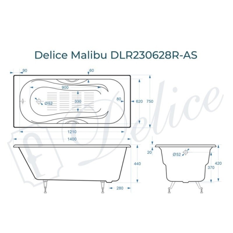 Ванна чугунная Delice Elite Malibu DLR230628R-AS, 140 х 75 см, антискользящее покрытие, с отверстиями под ручки, без ручек, цвет белый