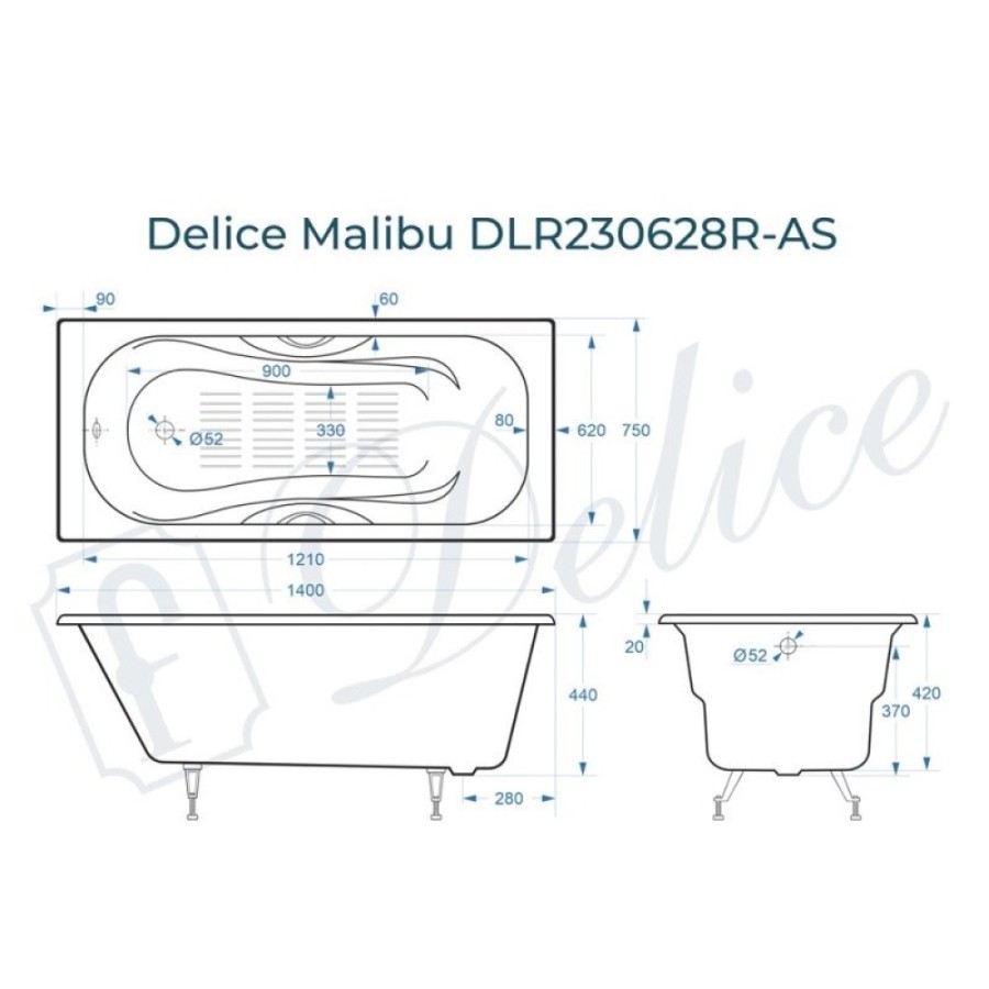 Ванна чугунная Delice Elite Malibu DLR230628R-AS, 140 х 75 см, антискользящее покрытие, с отверстиями под ручки, без ручек, цвет белый