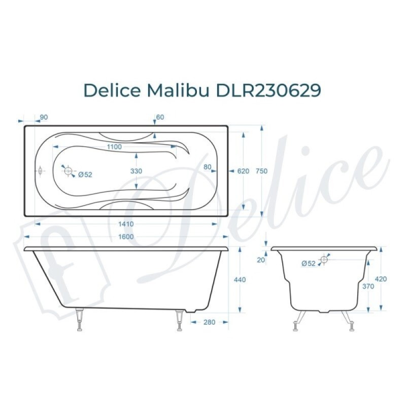 Ванна чугунная Delice Elite Malibu DLR230629, 160 х 75 см, без покрытия, без ручек, цвет белый