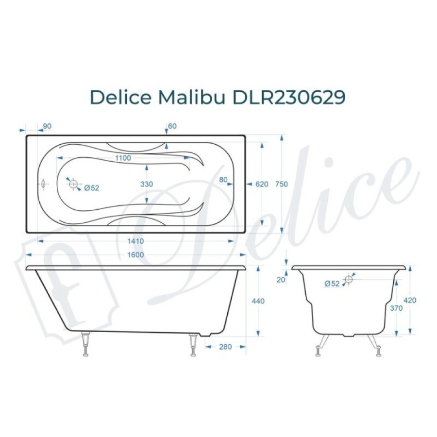 Ванна чугунная Delice Elite Malibu DLR230629, 160 х 75 см, без покрытия, без ручек, цвет белый