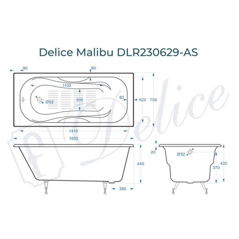 Ванна чугунная Delice Elite Malibu DLR230629-AS, 160 х 75 см, антискользящее покрытие, без ручек, цвет белый