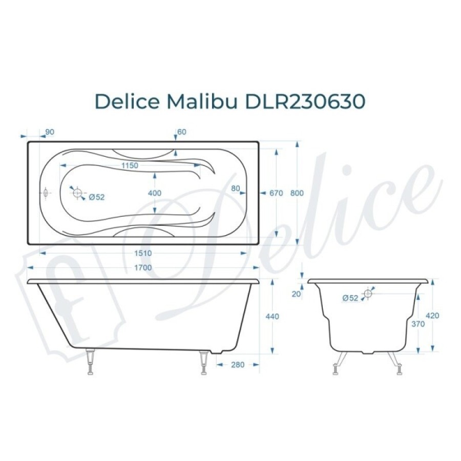 Ванна чугунная Delice Elite Malibu, DLR230630, 170 х 80 см, без покрытия, без ручек, цвет белый