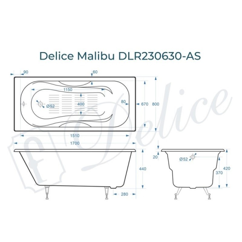 Ванна чугунная Delice Elite Malibu, DLR230630-AS, 170 х 80 см, антискользящее покрытие, без ручек, цвет белый