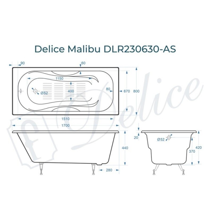 Ванна чугунная Delice Elite Malibu, DLR230630-AS, 170 х 80 см, антискользящее покрытие, без ручек, цвет белый