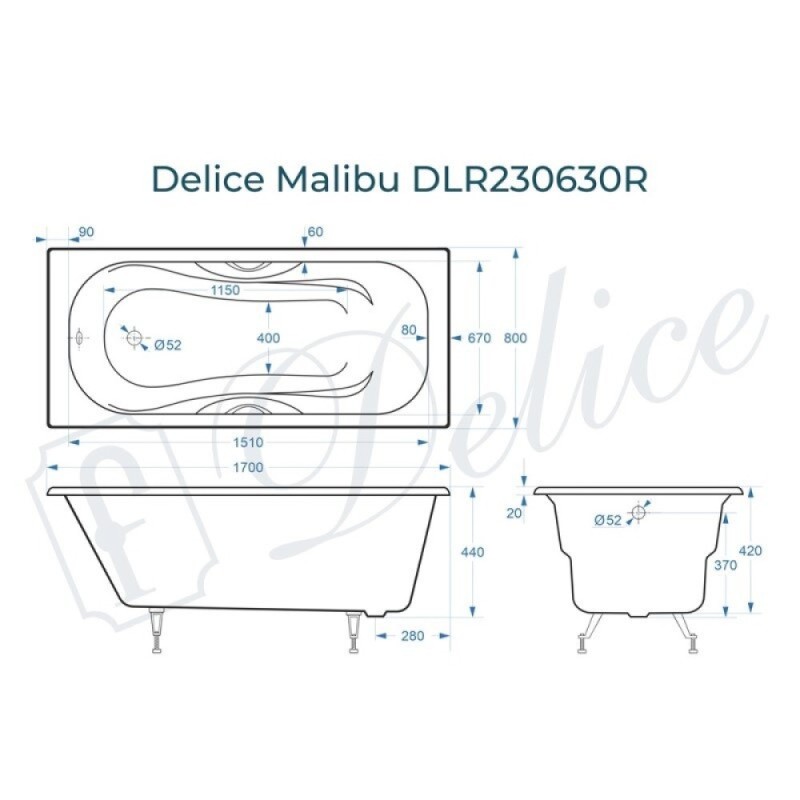 Ванна чугунная Delice Elite Malibu DLR230630R, 170 х 80 см, без покрытия, с отверстиями под ручки, без ручек, цвет белый