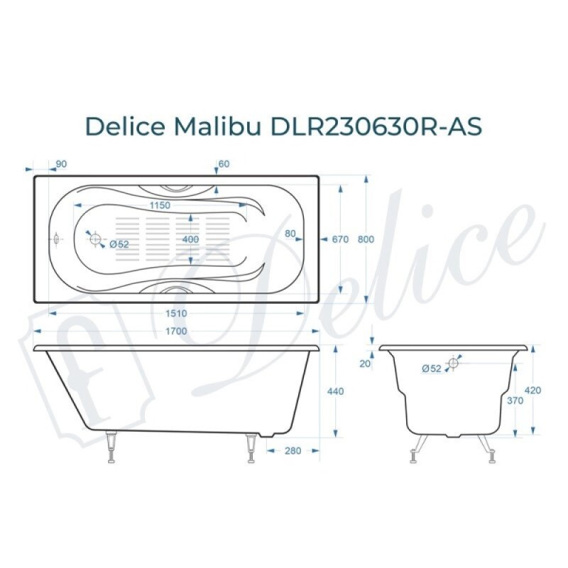 Ванна чугунная Delice Elite Malibu DLR230630R-AS, 170 х 80 см, антискользящее покрытие, с отверстиями под ручки, без ручек, цвет белый