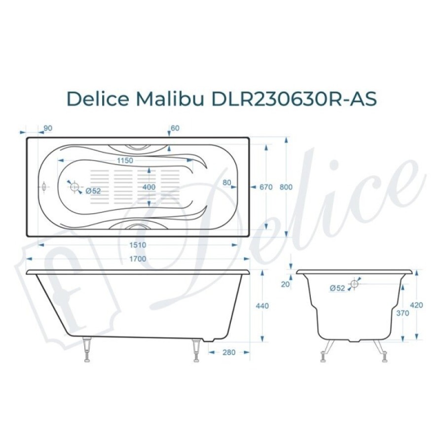 Ванна чугунная Delice Elite Malibu DLR230630R-AS, 170 х 80 см, антискользящее покрытие, с отверстиями под ручки, без ручек, цвет белый