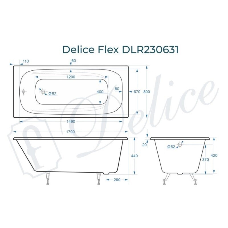 Ванна чугунная Delice Flex DLR230631, 170 х 80 см, без покрытия, без ручек, цвет белый