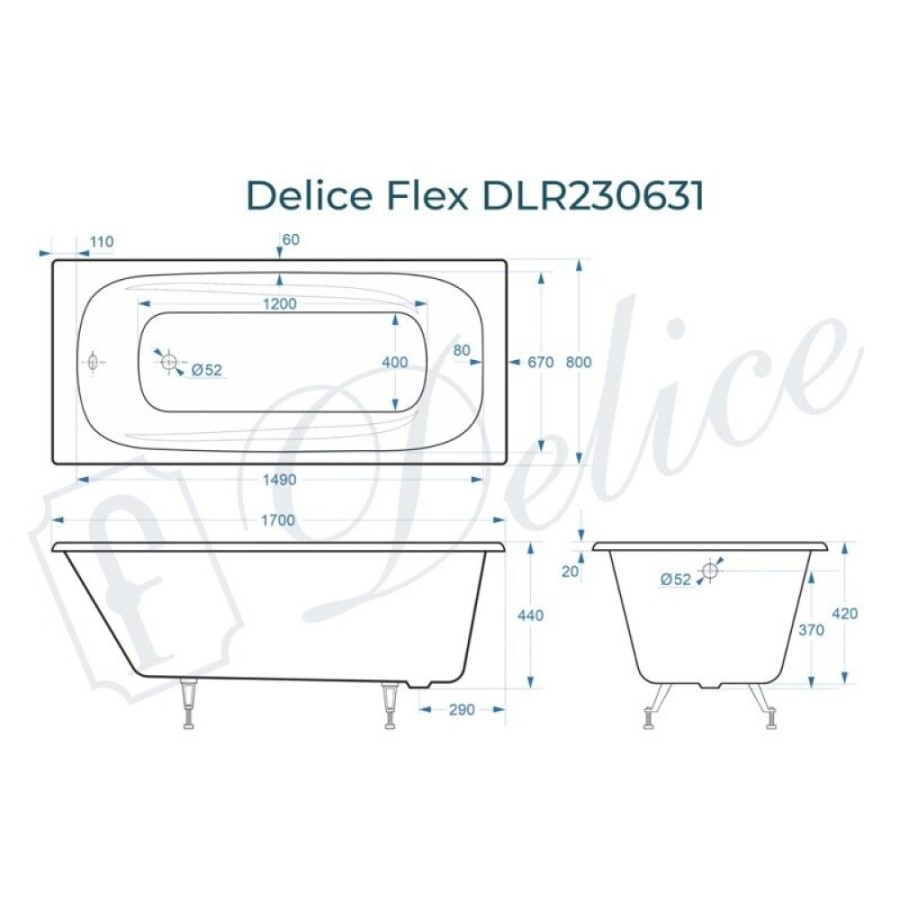 Ванна чугунная Delice Flex DLR230631, 170 х 80 см, без покрытия, без ручек, цвет белый