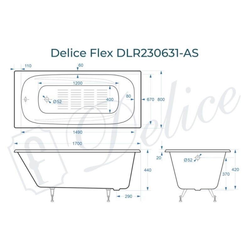 Ванна чугунная Delice Flex DLR230631-AS, 170 х 80 см, антискользящее покрытие, без ручек, цвет белый