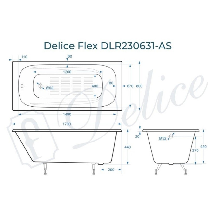 Ванна чугунная Delice Flex DLR230631-AS, 170 х 80 см, антискользящее покрытие, без ручек, цвет белый