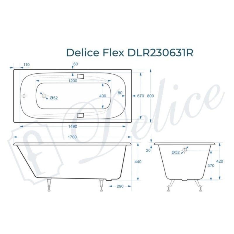Ванна чугунная Delice Flex DLR230631R, 170 х 80 см, без покрытия, с отверстиями под ручки, без ручек, цвет белый