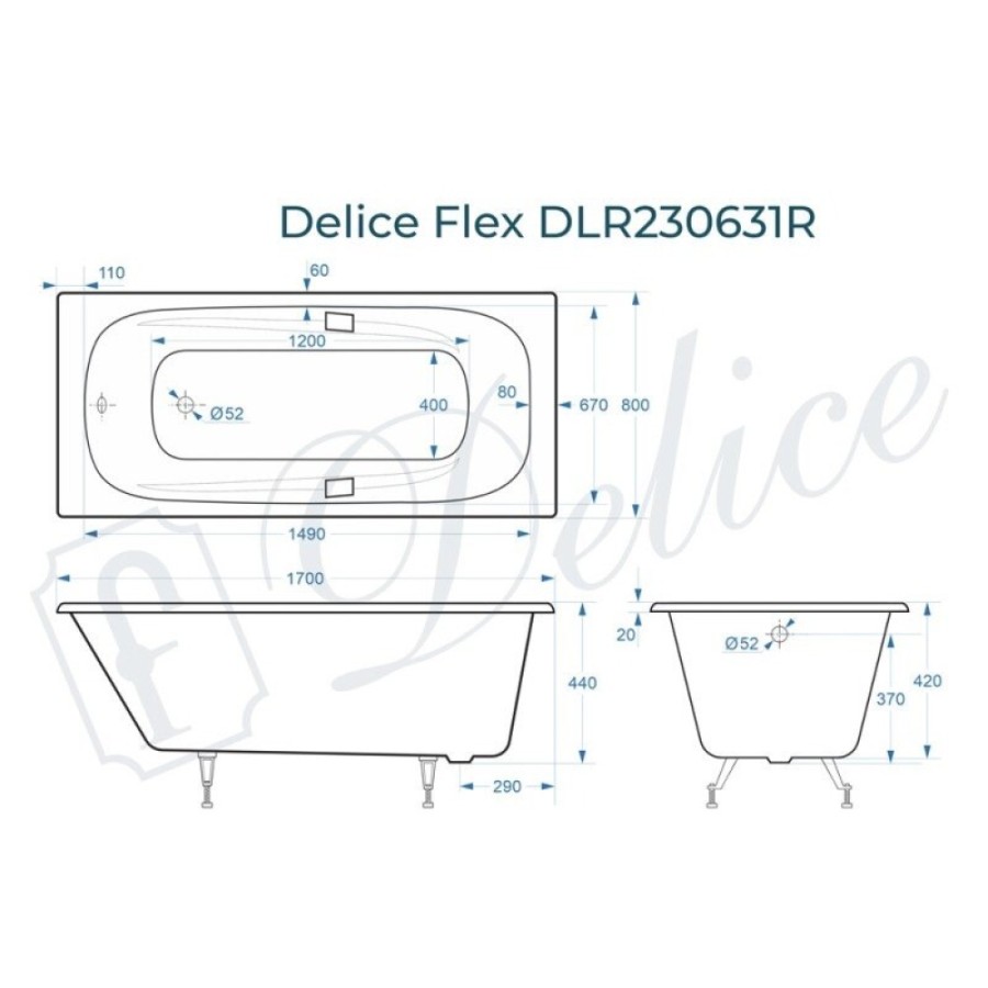 Ванна чугунная Delice Flex DLR230631R, 170 х 80 см, без покрытия, с отверстиями под ручки, без ручек, цвет белый