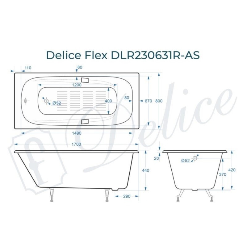 Ванна чугунная Delice Flex DLR230631R-AS, 170 х 80 см, антискользящее покрытие, с отверстиями под ручки, без ручек, цвет белый