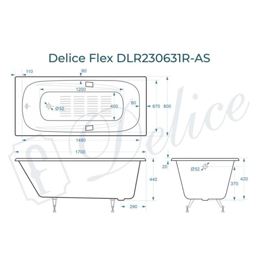 Ванна чугунная Delice Flex DLR230631R-AS, 170 х 80 см, антискользящее покрытие, с отверстиями под ручки, без ручек, цвет белый