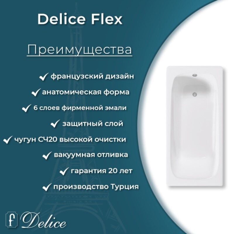 Ванна чугунная Delice Flex DLR230631R-AS, 170 х 80 см, антискользящее покрытие, с отверстиями под ручки, без ручек, цвет белый