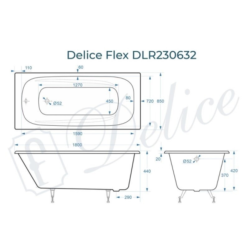 Ванна чугунная Delice Flex DLR230632, 180 х 85 см, без покрытия, без ручек, цвет белый