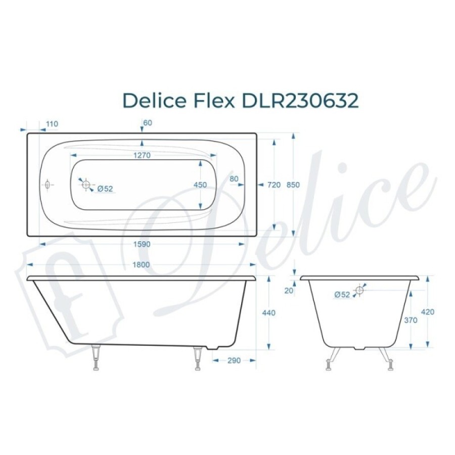 Ванна чугунная Delice Flex DLR230632, 180 х 85 см, без покрытия, без ручек, цвет белый