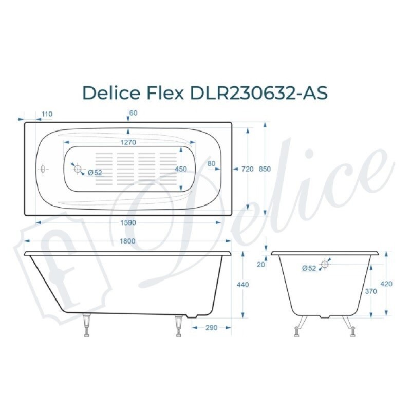 Ванна чугунная Delice Flex DLR230632-AS, 180 х 85 см, антискользящее покрытие, без ручек, цвет белый