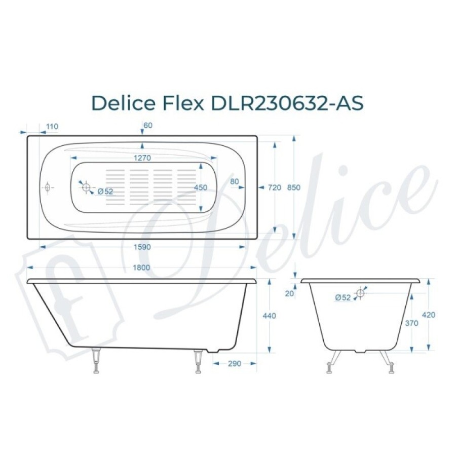 Ванна чугунная Delice Flex DLR230632-AS, 180 х 85 см, антискользящее покрытие, без ручек, цвет белый