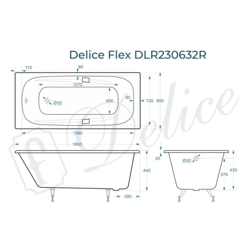 Ванна чугунная Delice Flex DLR230632R, 180 х 85 см, без покрытия, с отверстиями под ручки, без ручек, цвет белый