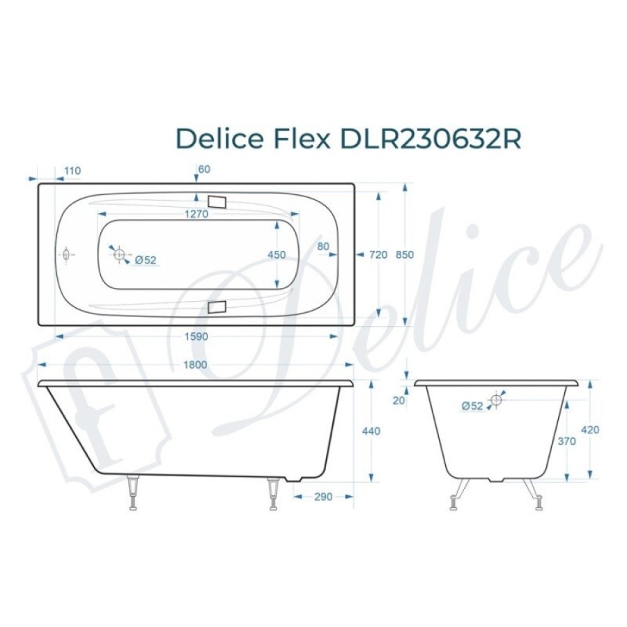 Ванна чугунная Delice Flex DLR230632R, 180 х 85 см, без покрытия, с отверстиями под ручки, без ручек, цвет белый
