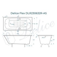 Ванна чугунная Delice Flex DLR230632R-AS, 180 х 85 см, антискользящее покрытие, с отверстиями под ручки, без ручек, цвет белый