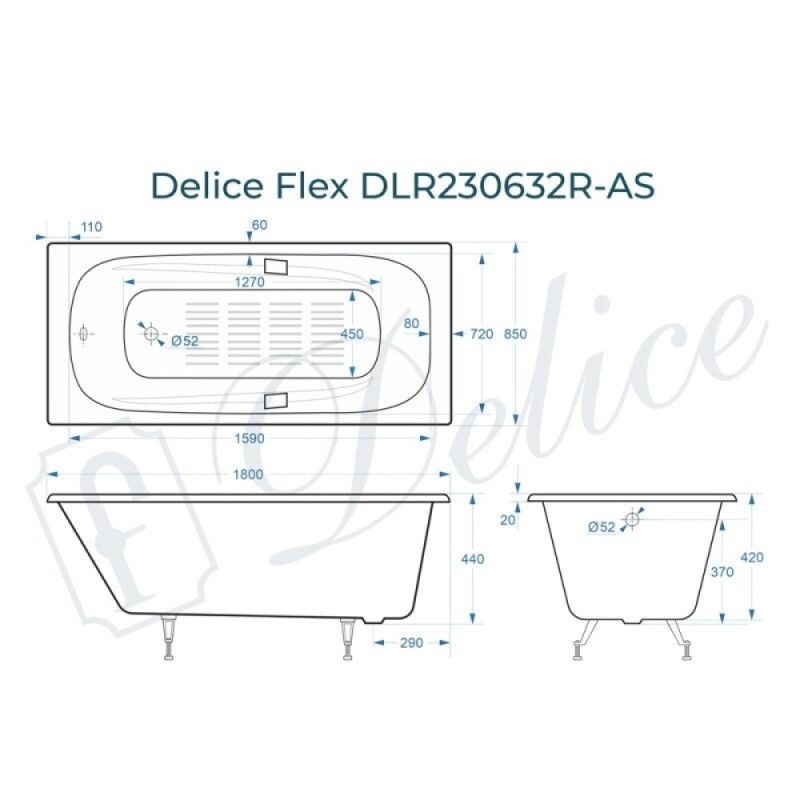 Ванна чугунная Delice Flex DLR230632R-AS, 180 х 85 см, антискользящее покрытие, с отверстиями под ручки, без ручек, цвет белый