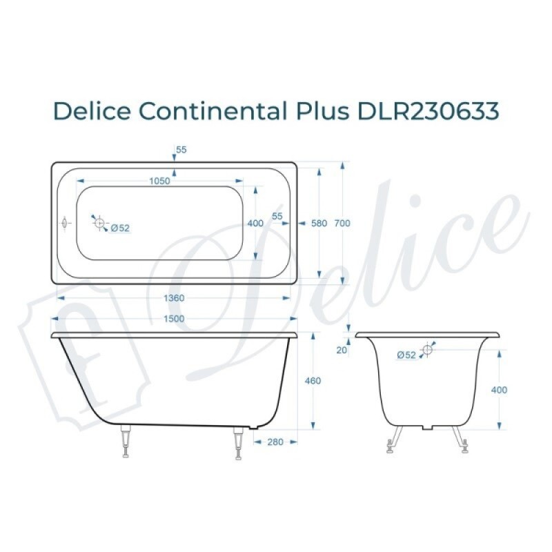 Ванна чугунная Delice Elite Continental Plus DLR230633, 150 х 70 см, без покрытия, без ручек, цвет белый