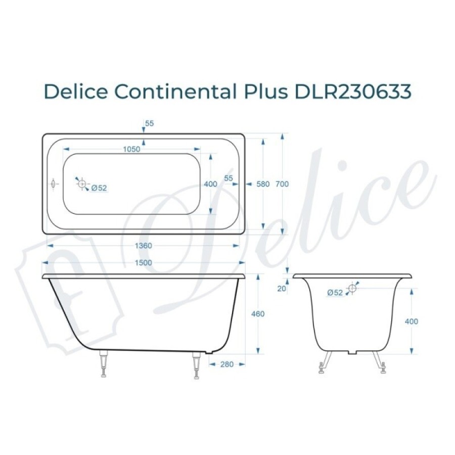 Ванна чугунная Delice Elite Continental Plus DLR230633, 150 х 70 см, без покрытия, без ручек, цвет белый