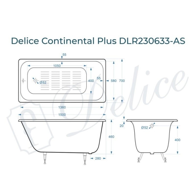 Ванна чугунная Delice Elite Continental Plus DLR230633-AS, 150 х 70 см, антискользящее покрытие, без ручек, цвет белый